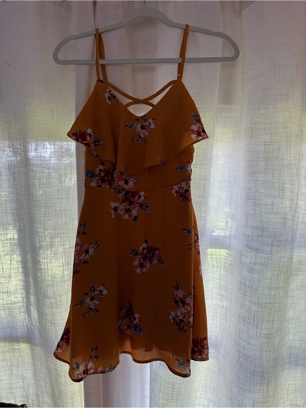 Three Hearts Mustard Floral Mini Dress with Ruffle Bodice